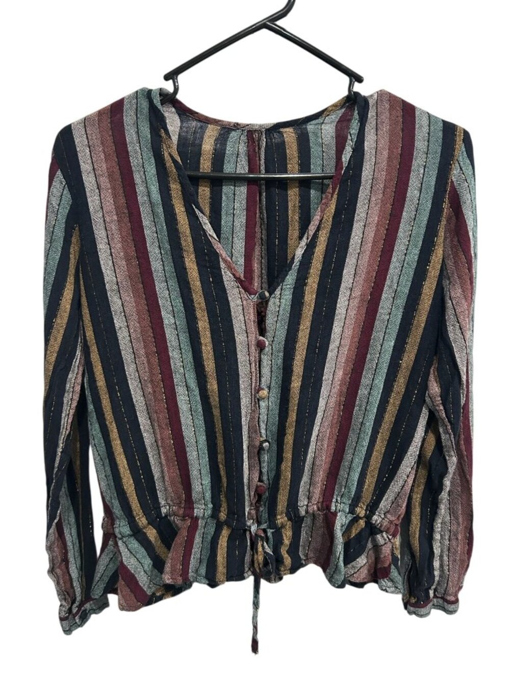 Rails Small Striped Long Sleeve Button Down Ruffle Hem Tie Blouse Cottagecore